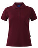 A red ladies' polo shirt with a collar, short sleeves, and a logo on the side.