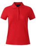 A red ladies' polo shirt with a collar and short sleeves, featuring a branding logo.