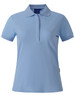 Light blue ladies' polo shirt with a collar and short sleeves. The shirt features a logo on it.