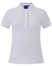 A ladies' polo shirt in white with a contrasting collar, featuring a logo.