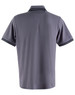 A grey polo shirt with short sleeves and contrasting striped details on the collar and sleeves. It features a logo.