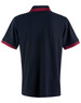 A navy polo shirt with red striped detailing on the collar and sleeves, featuring a logo.