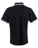 A black polo shirt featuring a collar with white and light blue stripes. It has a logo on the back neckline.