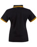 A black polo shirt featuring contrasting yellow stripes on the collar and sleeves. It has a logo.