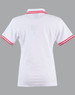 A white polo shirt featuring red stripes on the sleeves and a collar, with a logo on the back.