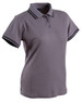 A grey ladies' polo shirt with black striped details on the collar and sleeves. It features a three-button placket and a logo.