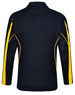 A black long sleeve polo shirt with yellow accents and a logo on the side.
