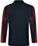 A black long sleeve polo shirt featuring red panels and mesh detailing, with a logo on it.