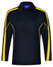 A black long sleeve polo shirt with yellow side stripes and a collar. Contains a branded logo.