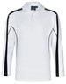 Men's long sleeve polo in white with black side accents and a logo. Ideal for casual or sporty wear.