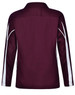 A maroon long sleeve polo shirt with white side panels and a logo. Features a classic collar design.