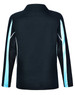 A black long sleeve polo shirt with light blue accents and a logo on the back.