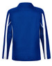 A blue long sleeve polo shirt with white accents and mesh details at the sides. It features a collar and a logo.