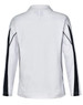 A long sleeve polo shirt in white with black accents and a logo. Back view showing mesh detail.