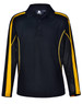 A black long sleeve polo shirt with yellow side accents and a logo on the chest.