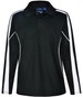 A kids' long sleeve polo shirt in black with white side panels and a collar, featuring a logo on the neck.
