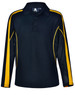 A long sleeve polo shirt in black, featuring yellow accents and a mesh design on the sides. It has a collar and buttons.