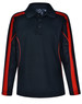 A long sleeve polo shirt in black with red accents and mesh detailing, featuring a collar and buttons.