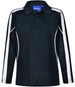 A black long sleeve polo shirt with white side stripes and a collar. Features a logo on the upper section.