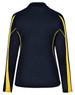 A navy long sleeve polo shirt with yellow side accents and a logo on the back. Features a mesh design.