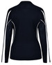 A black long sleeve polo shirt featuring white side panels and a logo on the back.
