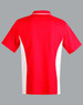A red and white short-sleeved polo shirt featuring a branded logo on the front.
