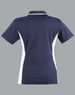 A navy blue polo shirt with white contrast panels, featuring a collar and short sleeves, and includes a logo.