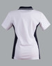 A ladies' polo shirt in white with navy contrast accents, featuring a collar and short sleeves. It has a logo detail.