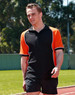 Men's TrueDry Tri-colour S/S Pique Polo in black and orange, featuring a contrasting design and a logo.