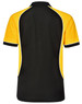 A polo shirt featuring a tri-colour design in black, yellow, and white, with a logo on the back.