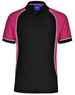A black polo shirt with pink and white accents, featuring a collar and a logo.