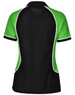 A polo shirt featuring a black body with green accents and white piping detail. It has a logo on the front.