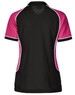 A ladies' short-sleeve polo shirt featuring a tri-colour design in black, pink, and white, with a logo.