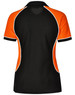 A tri-colour polo shirt in black, orange, and white with a contrasting design and a collar. Includes branding.