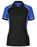 A women's tri-colour short-sleeve polo shirt in black with blue accents and white piping. Features a logo on the collar.