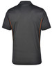 A men's short sleeve polo shirt in charcoal grey with orange contrast detailing. Features a logo on the back.