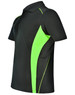 A black polo shirt with bright green contrast panels and a logo, featuring short sleeves and a collared neck.