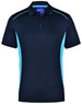 A navy blue polo shirt with contrasting light blue side panels and a collar. Features a logo.