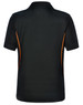 A black polo shirt with orange contrast piping and a logo on the chest. Suitable for kids.