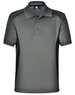 A grey kids' polo shirt with black contrast panels and a collar, featuring a logo on the upper area.