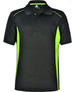 A black polo shirt with contrasting lime green side panels and a collar, featuring a logo.