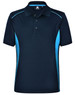 A navy polo shirt with light blue contrast panels and three buttons, featuring a logo on the chest.