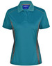 Ladies' polo shirt in teal with contrasting grey side panels and a collar. Features a logo on the chest.
