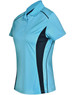 A blue and navy women's polo shirt featuring contrast panels and a logo. Short-sleeved design with a collar.