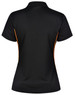 A black polo shirt with orange contrast detailing and a logo on the back.
