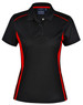 A black polo shirt with red contrast detailing and a collar. Features a logo on the front.