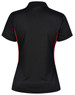 A black polo shirt with contrasting red side panels and a collar. It includes a logo on the garment.