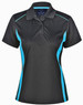 A black women's polo shirt with turquoise contrast panels and a collar. It has a logo on the inside tag.