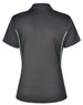 A black polo shirt with short sleeves featuring a contrast turquoise trim and a logo on the back.