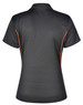 A black polo shirt with contrasting orange trim and a logo on the back.